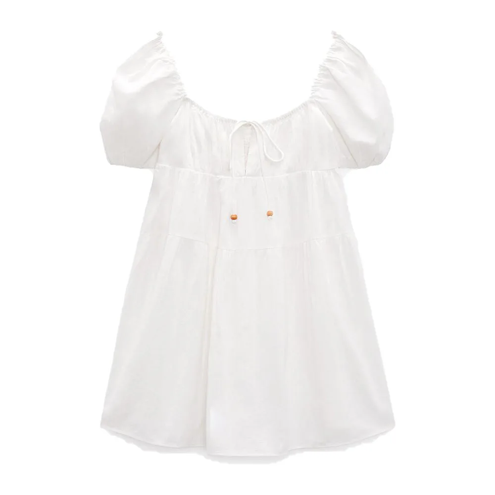 

Zach AiIsa's new women's fresh and sweet age-reducing square-neck tie layered stitching linen puff sleeves holiday style dress