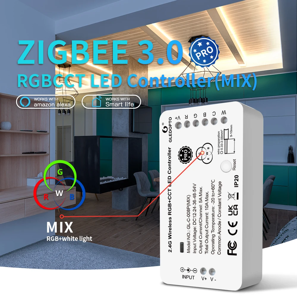 

GLEDOPTO ZigBee3.0 LED Strip Controller RGBCCT Pro RGB White Light Mix Blend Homey Alexa Tuya SmartThings App RF Remote Control