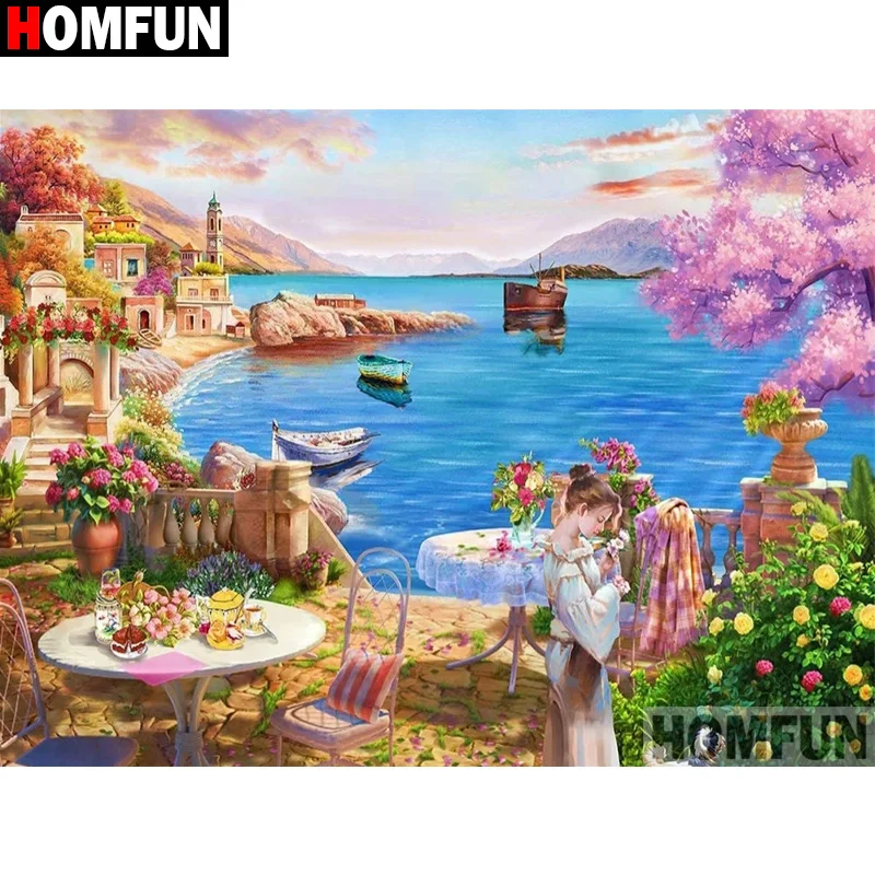 

Алмазная живопись HOMFUN, картина 5D «сделай сам» из квадратных/круглых страз, вышивка крестиком «Девочка пейзажа»