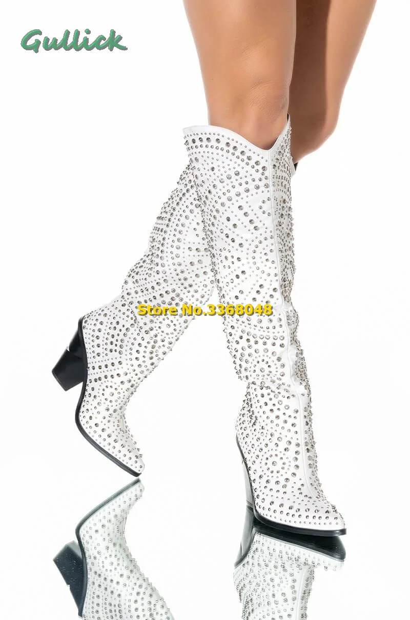 West Chunky Cowboy Boot Studded Pointy Toe Block Heel Knee High Crystal Handmade Winter Boots White Slip On Women Fashion Shoes