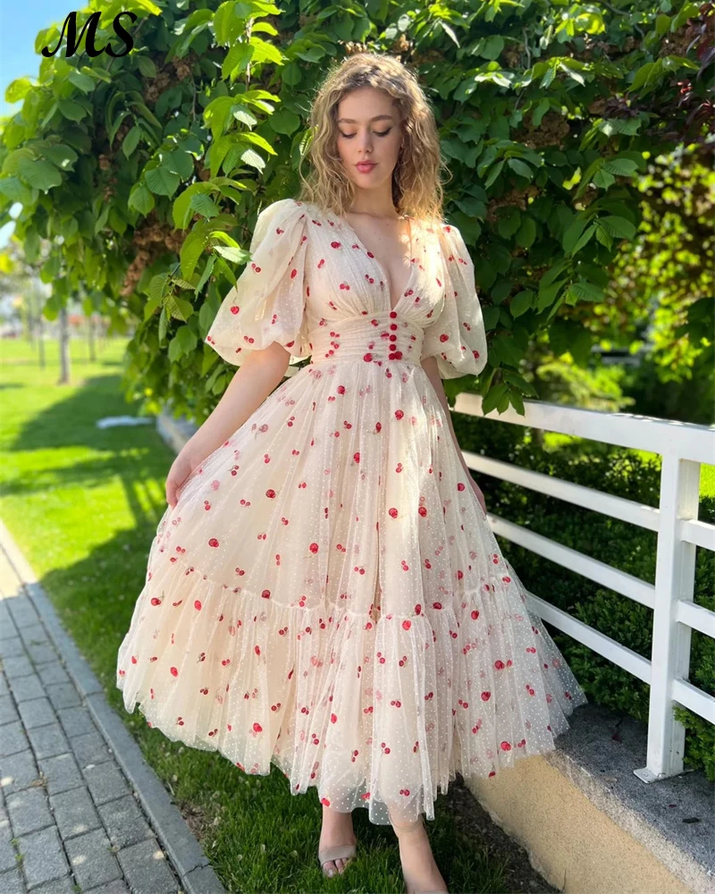 

MS Fairy Dot Tulle Formal Prom Gown Puff Sleeves A Line Tea Length Gradution Dress Pleats V Neck 2022 Homecoming Dress Plus Size