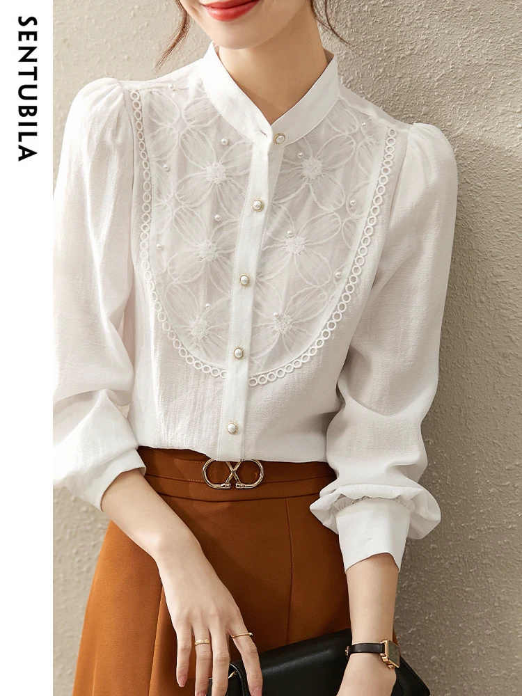 Элегантные модные летние рубашки и блузки Sentubila 2023, белые топы, кружевные однобортные свободные рубашки с длинными рукавами-фонариками