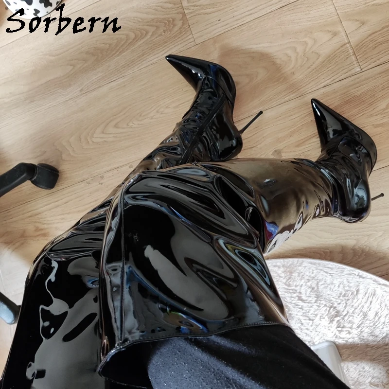 Sorbern Sexy Stilettos Metal Heel Boots Women Pointed Toe Mid Thigh High Patent Leather Long Boot Female Shoes Customized Legs