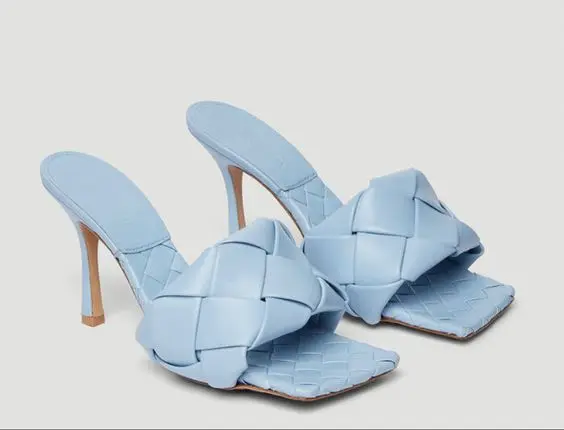 

Summer Blue Square Toe Weave Slippers Fashion Stiletto High Heel Women Party Outside Slip on Slingback Shoes Zapatillas Mujer