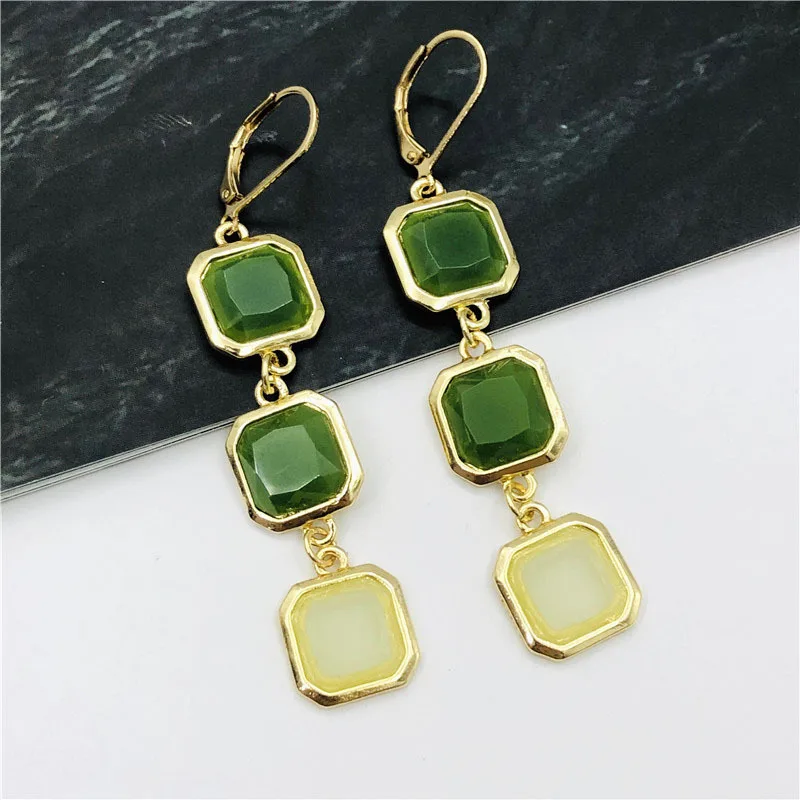 

Long Green Gem Stone Gold Crystal Rhinestone Retro Trio Square Drop Earrings Gemstone Leverback Earings for Women Jewelry