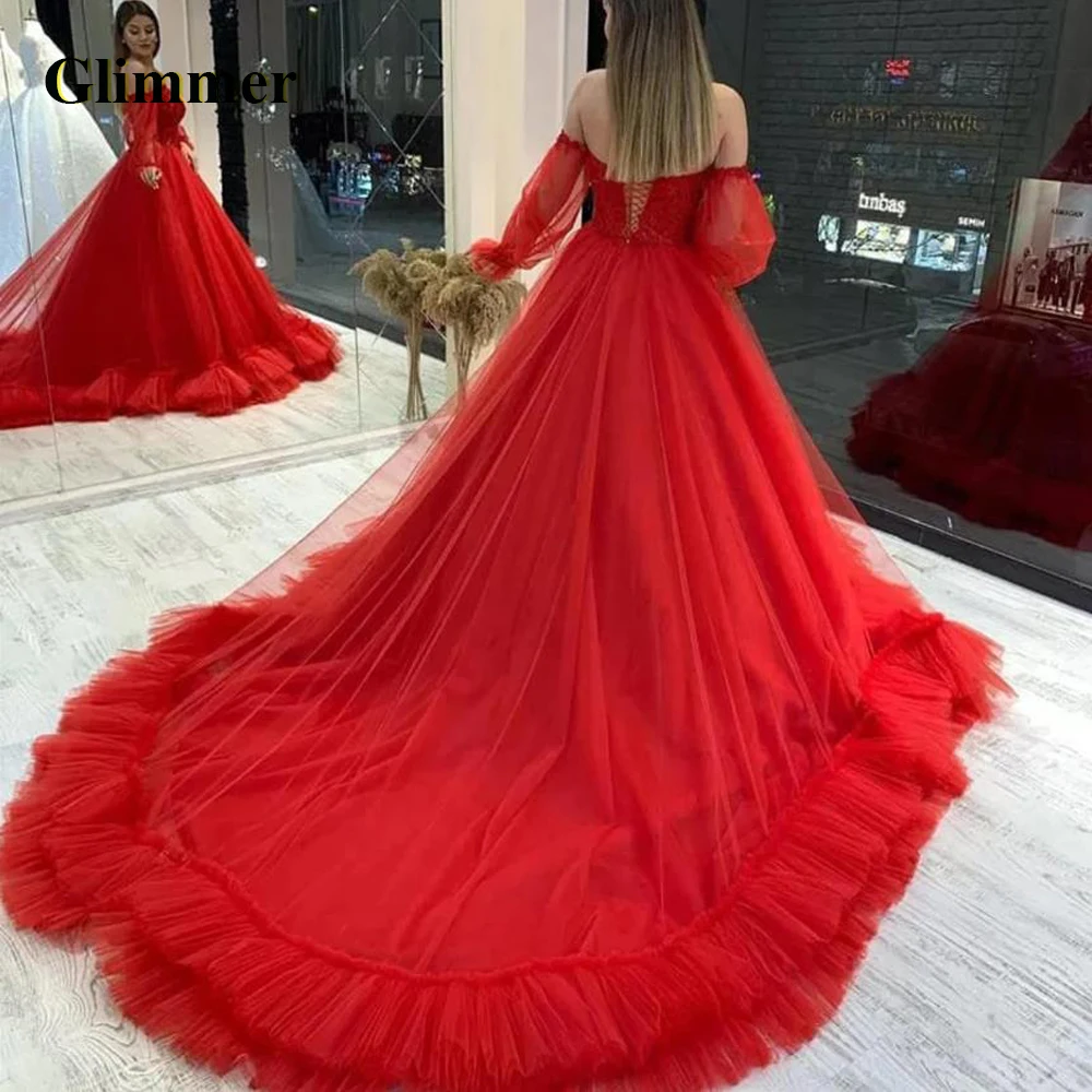 

Glimmer Red Luxury Evening Dresses Court Train Formal Prom Gowns Made To Order Celebrity Vestidos Fiesta Gala Robes De Soiree