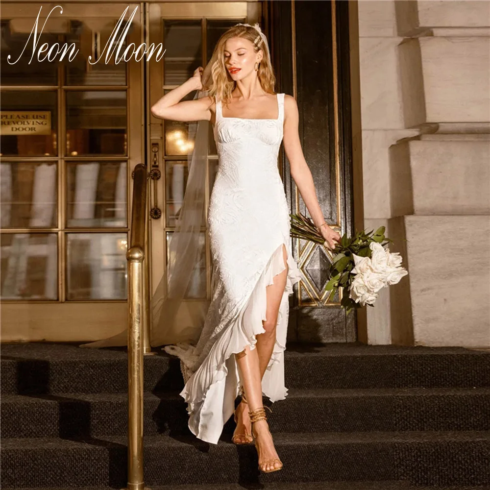 

Glamorous Square Neck Sleeveless Wedding Dresses Mermaid Open Back Bride Gown Full Body Lace Sweep Train Vestidos De Novia