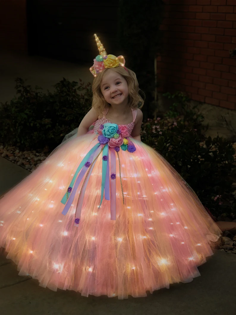 Uporpor LED Unicorn Girls Children Dress Kids Birthday Party Princess Lolita Costume for Halloween Christmas Children Ball Gown