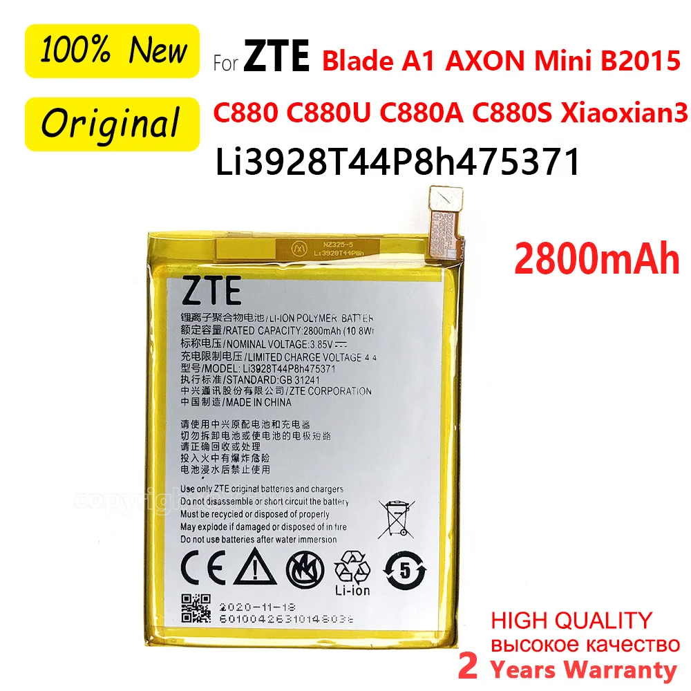 

100% Original 2800mAh Li3928T44P8h475371 Battery For ZTE Blade V8 Mini A1 C880 C880U C880A C880S AXON B2015 B2016 Batteries