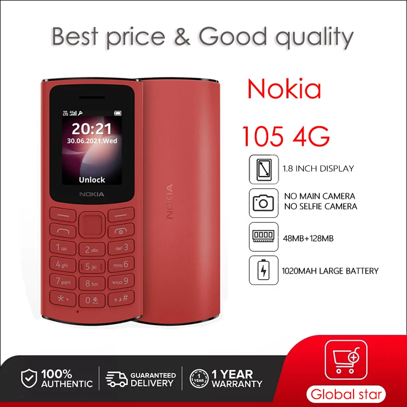 

Nokia 105 4G（2021）Original 1.8 inches 48MB 128MB Mobile Phone Android Cellphone Free Shipping High Quality