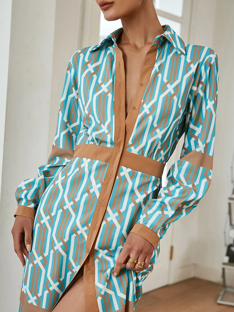 

BerryGo 2022 Summer blue print high split single breasted maxi dress Elegant long sleeve shirt dress Women high waist vestidos