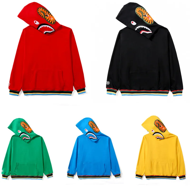 

Wholesale 5 Colors Men's Rainbow Cosing Shark Head Solid Color Bape Hoodie Cotton Pullover Women's Hoodie