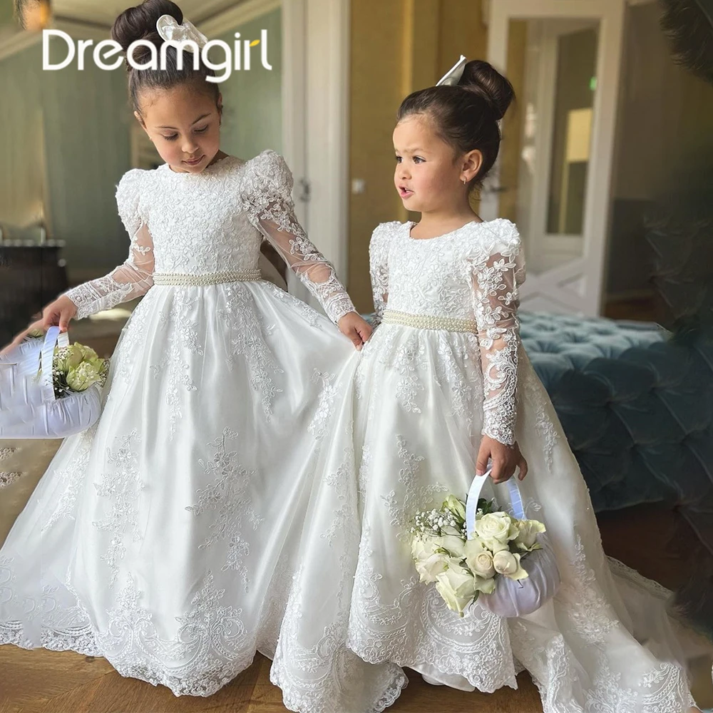 

Flower Applique Flower Girl Dress Cap Long Sleeves Kids Ball Gown First Communion Dress Pearls Belt Birthday Party Dresses