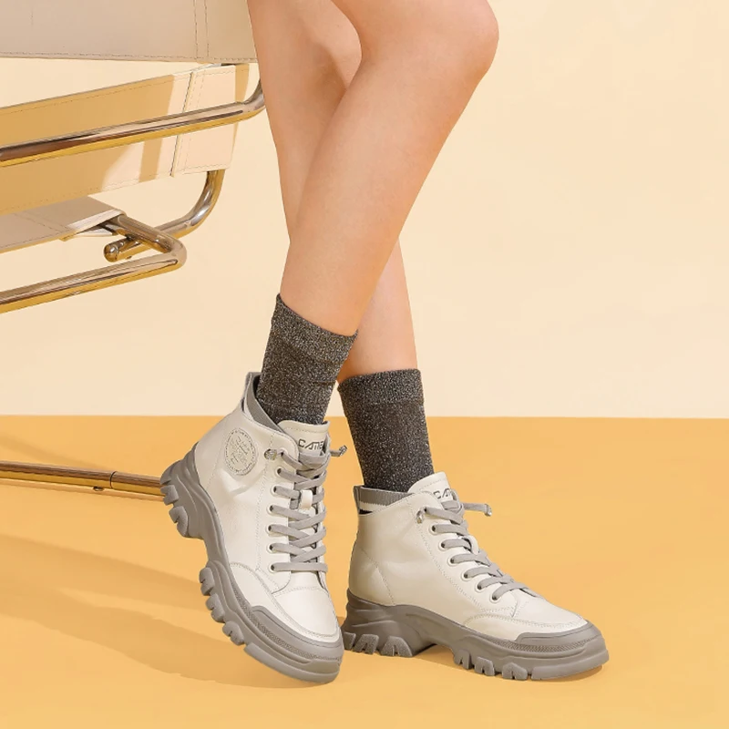 Goldencamel Women Genuine Leather Martin Boots Autumn Winter Lace Up Plush Outdoor Fashion Casual Hiking Shoes Platform