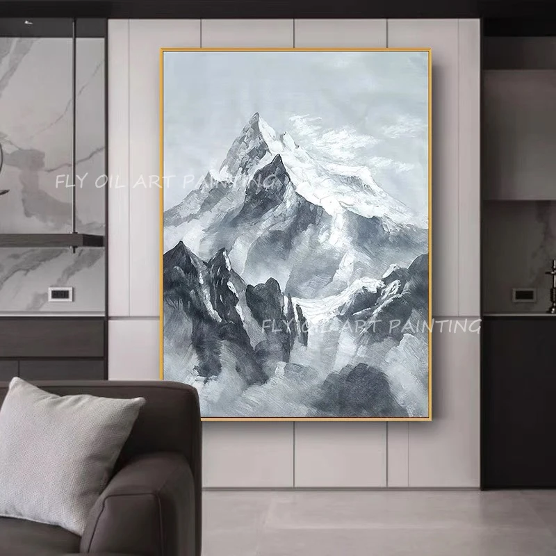 

100% Handmade simple nature mountain snow landscape silver picture oil painting no frame on canvas wall decoration as a gift