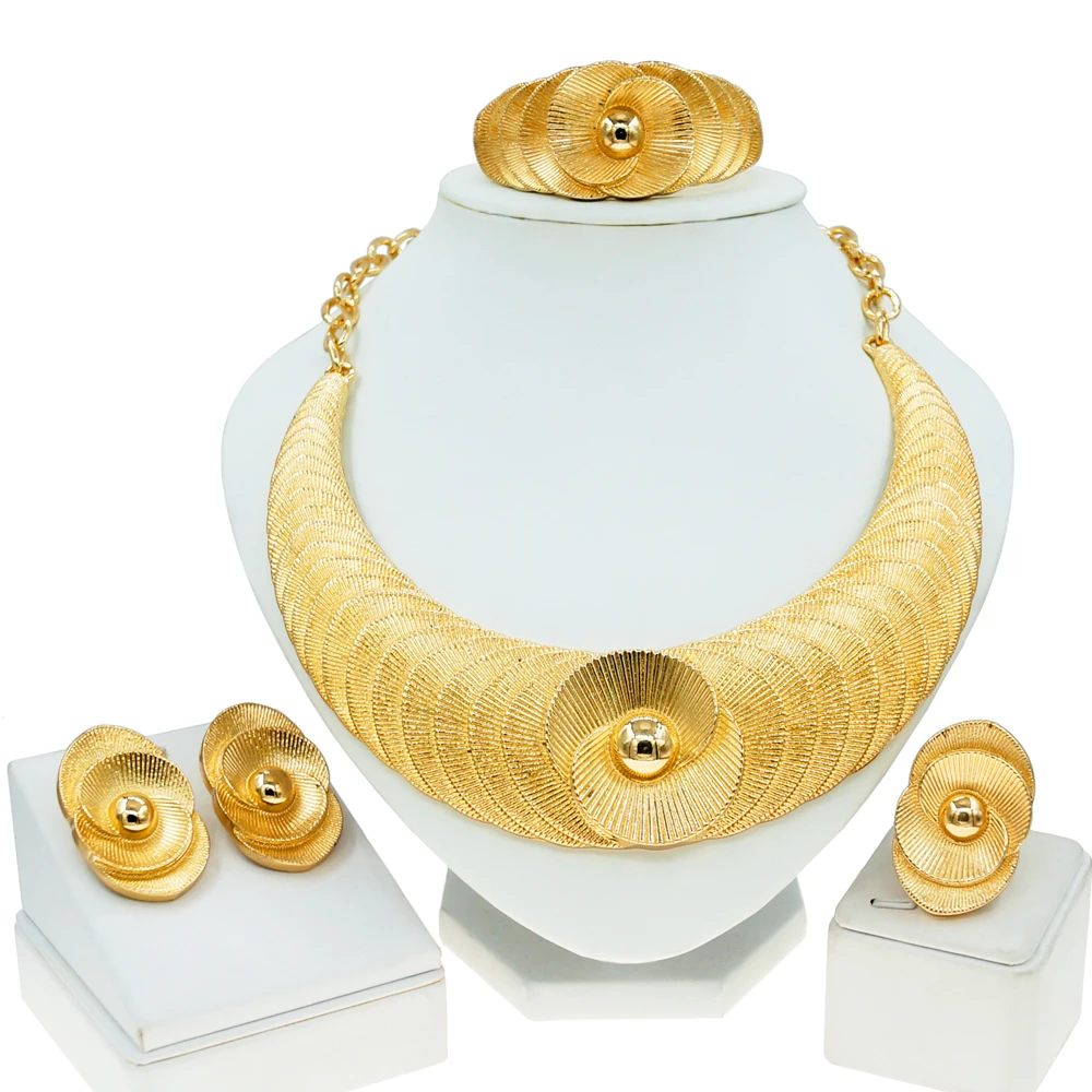 Jewelry For Women2023 New Gold-plated Necklace Set Layered Design Texture Pendant Bracelet Earrings Nigerian Wedding Party SYHOL