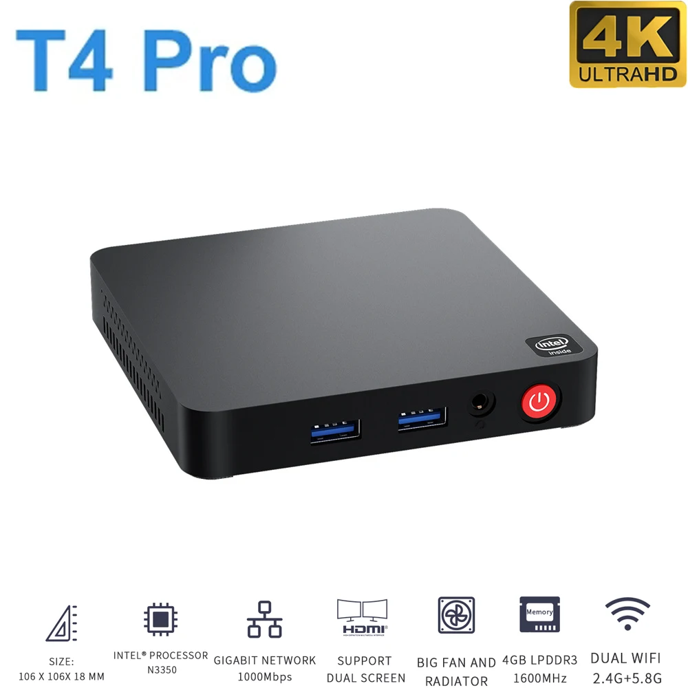 Beelink T4 Pro Mini PC Intel Apollo Lake Processor N3350 Windows 10 4K 4GB/64GB BT4.0 1000M AC Wifi Computer