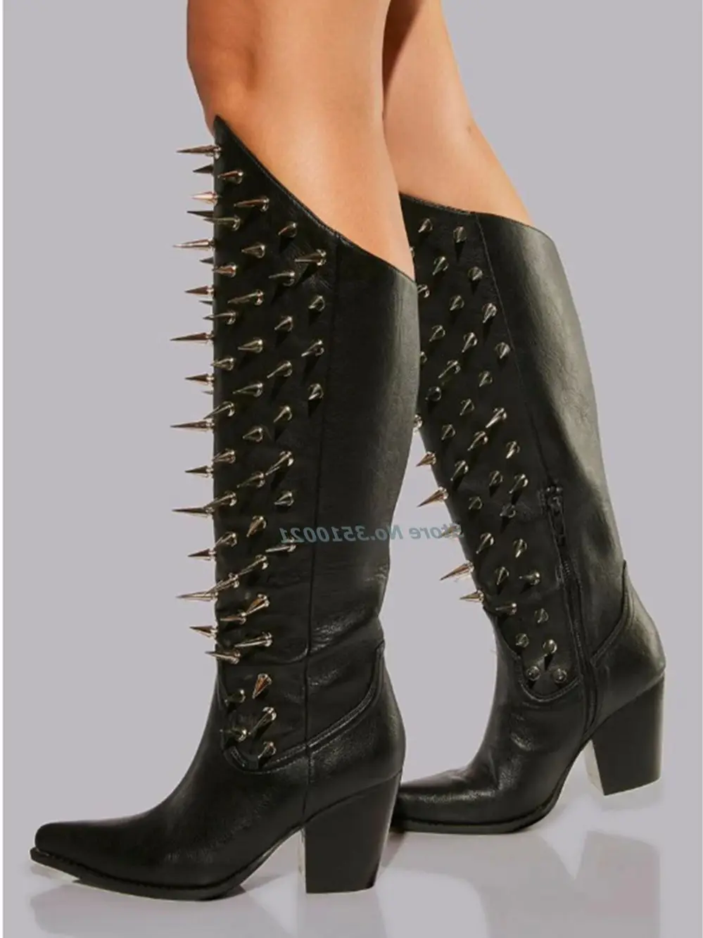 Long Spiked Rivet Cowboy Boots Pointed Knee-High Chunky Block Heels Side Zip Sexy Black Leather Solid Color Punk Style Shoes
