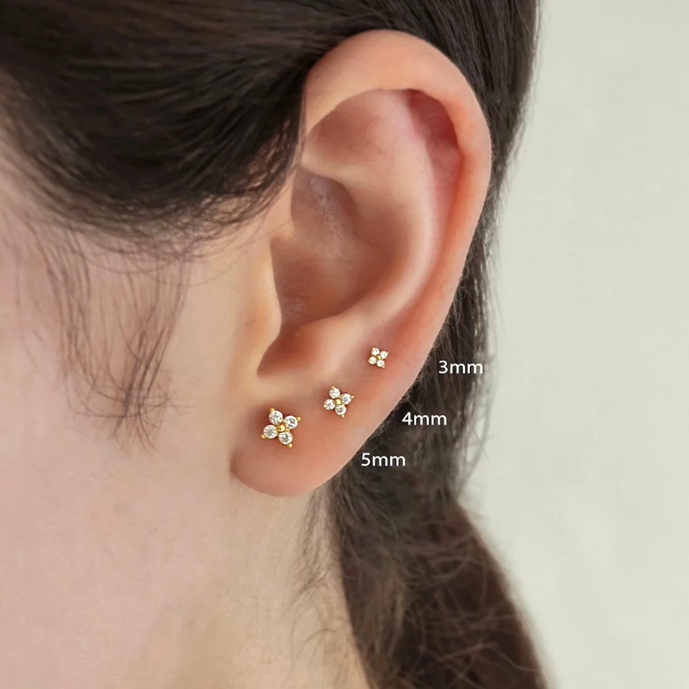 

Aide 925 Sterling Silver 3/4/5mm Four Petals Zircon Flower Stud Earrings Set For Women Small Classic Versatile Piercing Earrings