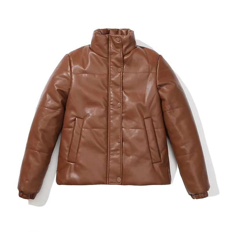 Solid Color Fashion Casual Thickened Cotton Jacket Stand Collar Button Faux Fur Autumn Winter Short Leather Jacket Women