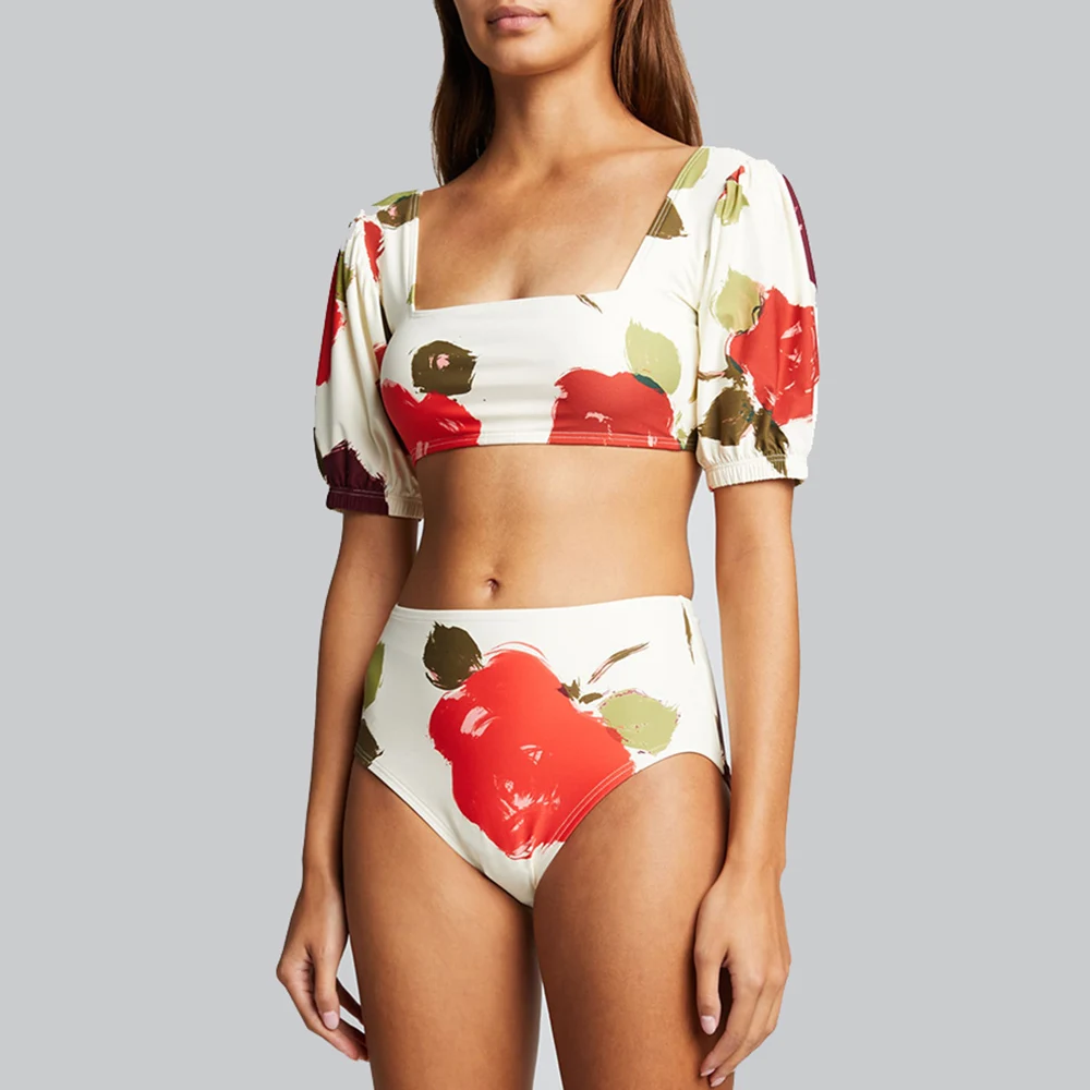 

Colorful Rose Print Two Piece Swimsuit Vintage Square Neck Puff Sleeve Top and High Waist Slim Thong Sexy Elegant Beachwear