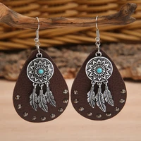ethnic style alloy turquoise feather earrings personalized leather hot diamond earrings earrings for women pendientes