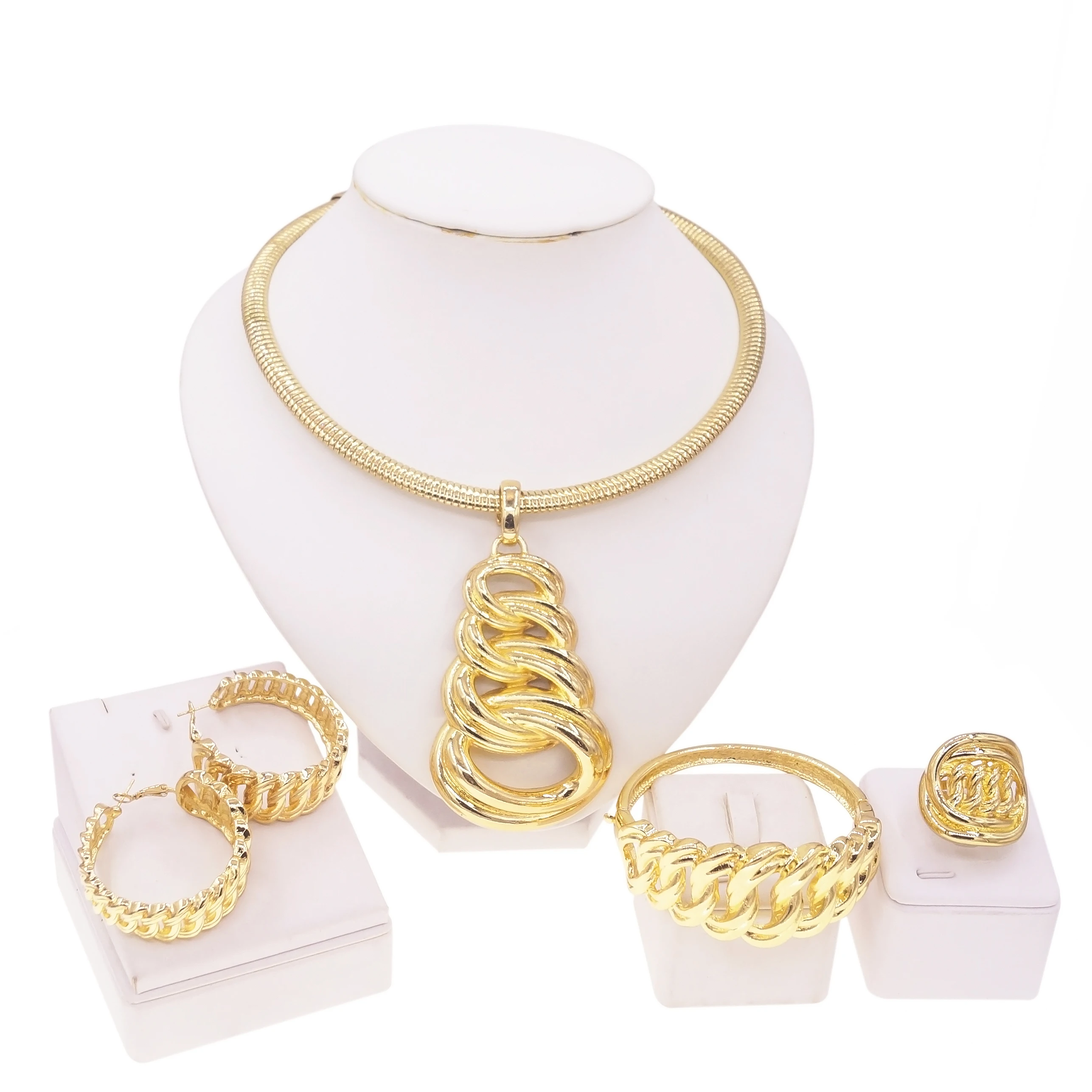 Dubai Jewelry Woman Gold Plate Set Fashion Choker Pendant Big Earrings Nigerian African Necklace Earrings Bracelet Ring Bijoux