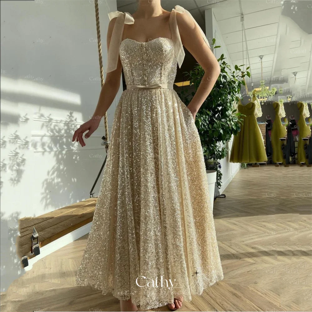 

Cathy Glitter A-line Prom Dress Fairy Sweetheart Sequins Evening Dress Flash Knee Vestidos De Noche Bright Diamond Party Dress