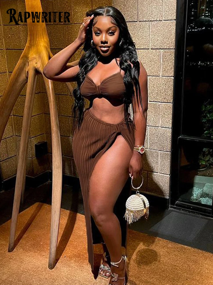 

Rapwriter Sexy Women 2 Piece Sets Elegant Vintage Crop Tops+High Split Maxi Skirts Matching Sets Party Vacation Ruched Outfits