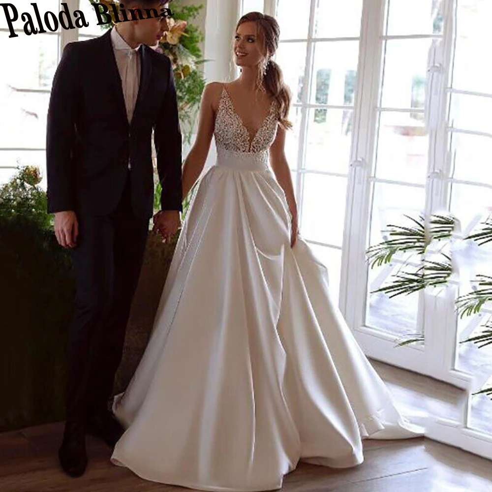 

Paloda Simple A-LINE Satin Wedding Dresses For Bride Spaghetti Straps V-Neck Backless Sleeveless Pleat Robe De Soirée De Mariage
