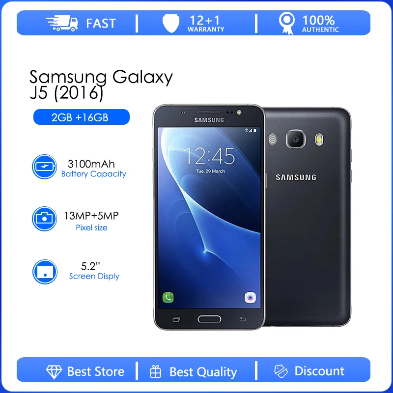 

Восстановленный Оригинальный разблокированный телефон Samsung J5(2016) J510F, 5,2 дюйма, 2 Гб ОЗУ, 16 Гб ПЗУ, LTE, 4G, 13 МП, две Sim-карты, Восьмиядерный процессор, камера