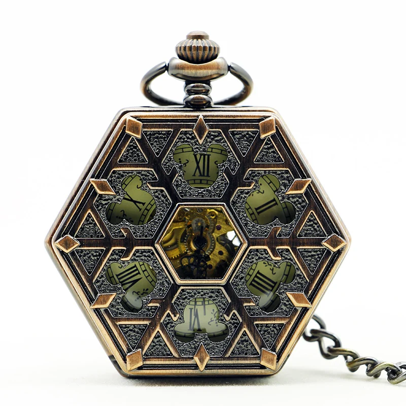 Antique Bronze/Red Copper Octagon Hollow Roman Numerals Mechanical Pocket Watch Hand Winding Pendant Pocket Clock reloj hombre