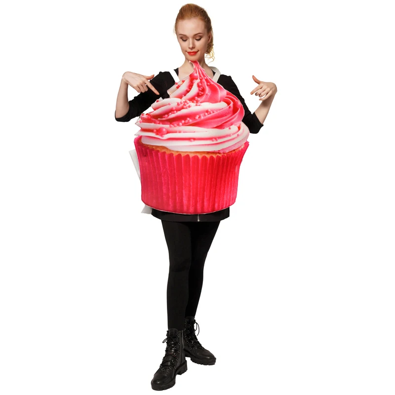 Funny Food Costumes Unisex Adults Cupcake Cake Jumpsuit Red and Bule Cupcake Cosplay Halloween Party Costume for Women Men