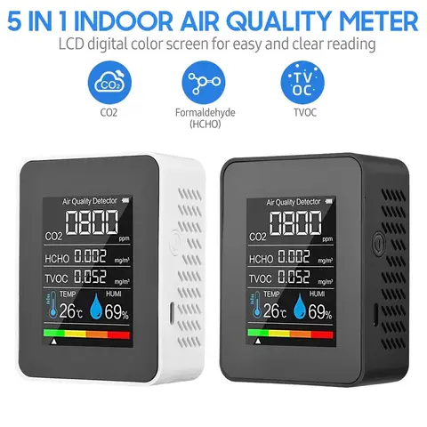 5 в 1 монитор качества воздуха детектор CO2 в помещении формальдегид HCHO TVOC тестер ЖК-тестер температуры и влажности