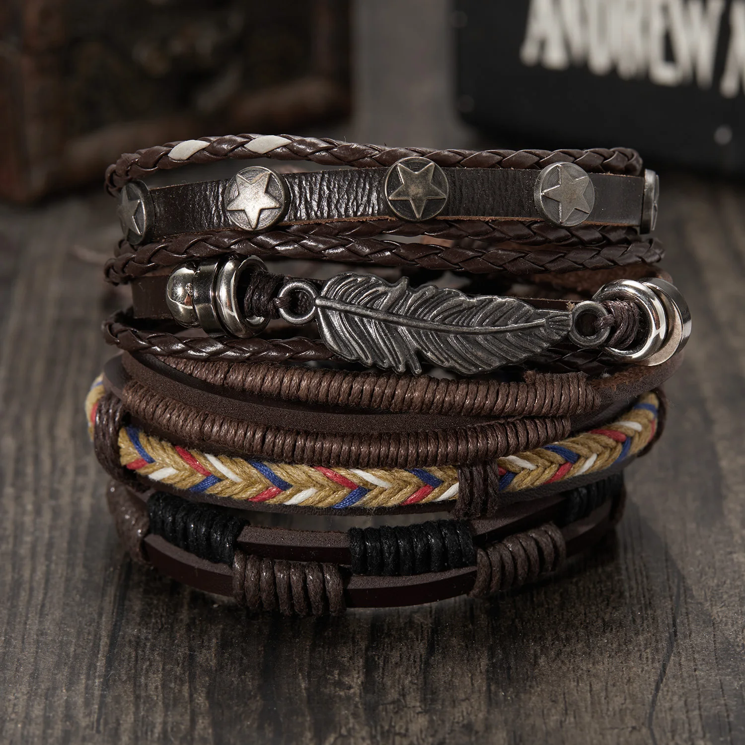 

Vintage Braided Wrap Leather Bracelets for Men Punk Multilayer Handmade Feather Wood Beads Rope Bracelet Male Wristbands Jewelry