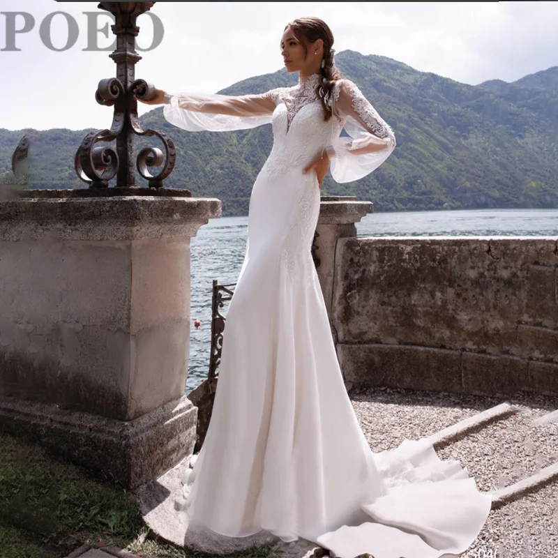 

Mermaid Wedding Dress High Neck Full Sleeve Button Appliques Bridal Gowns Floor-Length Court Train Vestido De Novia Custom Made