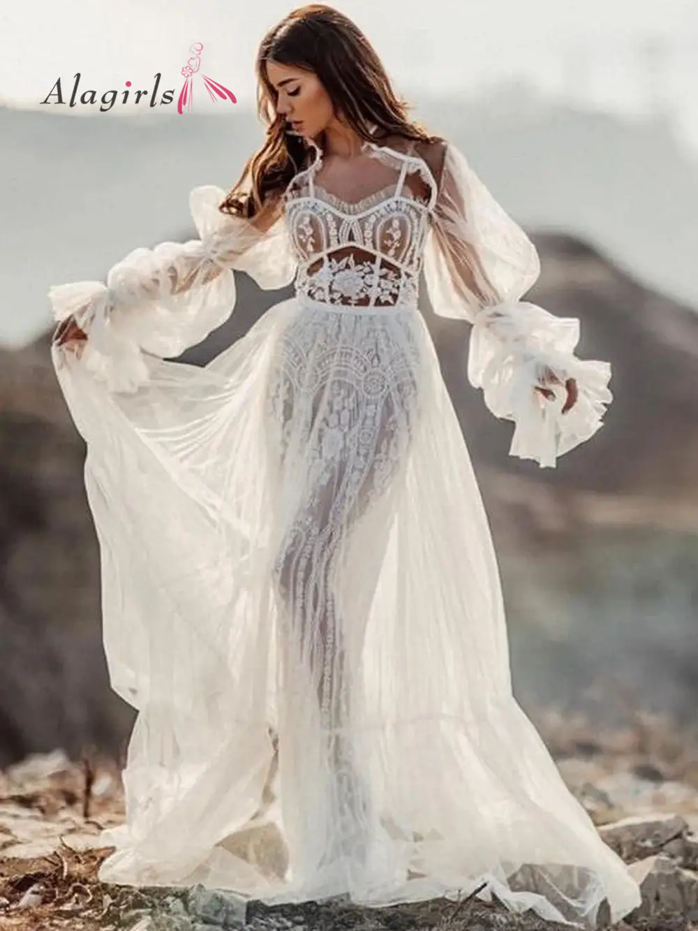 

2022 2 Boho Wedding Dress Tulle Detachable Shawl Long Sleeve A-Line Beach Bridal Gown Court Train Celebrity Dresses Custom Made