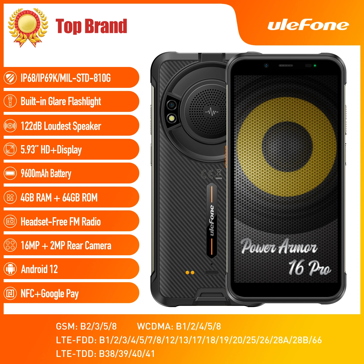 Ulefone Power Armor 16 Pro 9600mAh Rugged Smartphone 4GB+ 64G  Android 12 NFC Mobile Phones Global Version Waterproof Phone