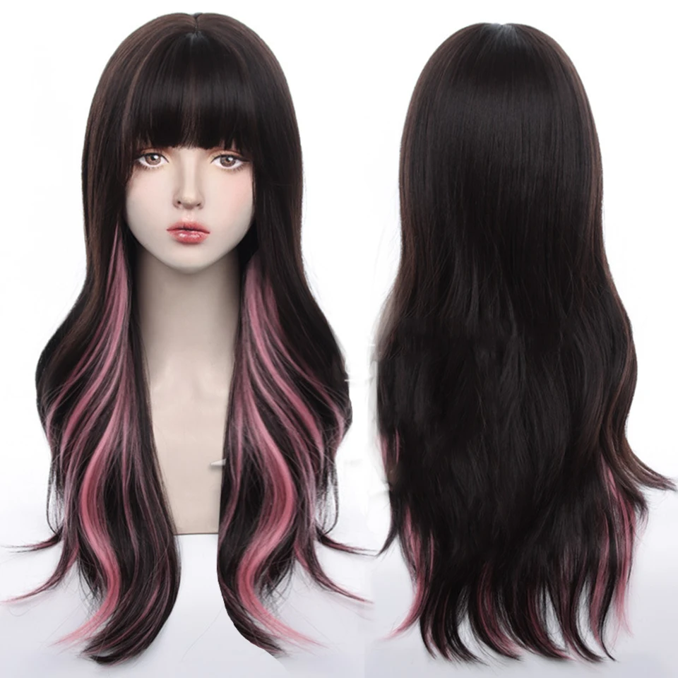 

HOUYAN Long curly hair wavy black highlights pink wig female high temperature resistant synthetic fiber wig cosplay Lolita