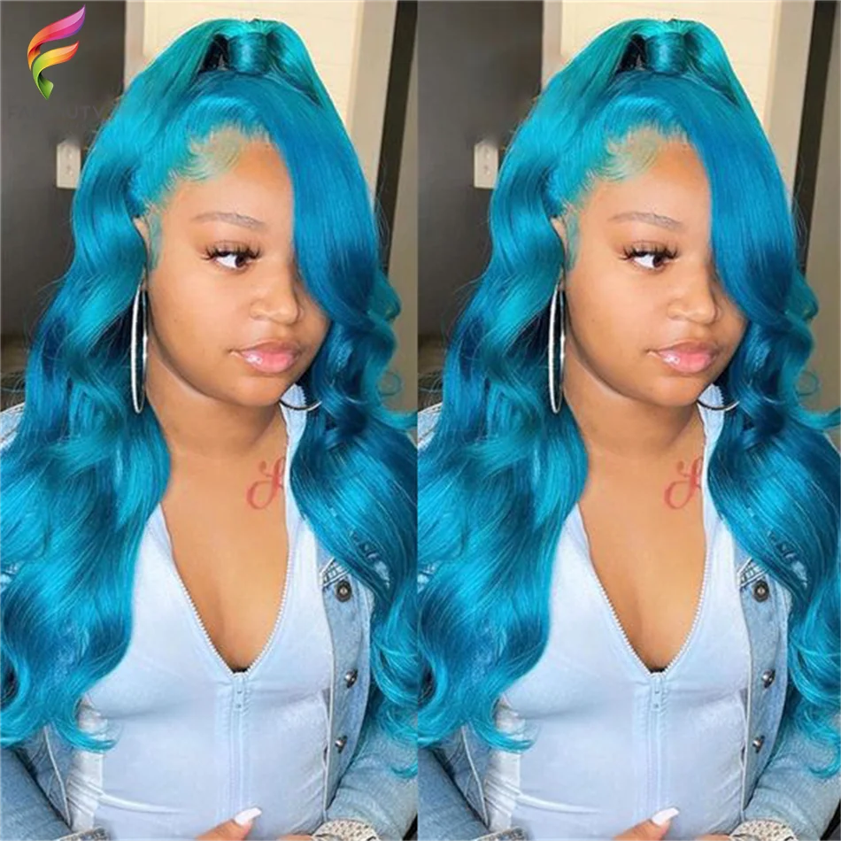 13x4 Blue Body Wave Lace Front Human Hair Wigs With Baby Hair 150% Sky Blue Brazilian Remy Hair HD Lace Frontal Wigs 26 38 Inch