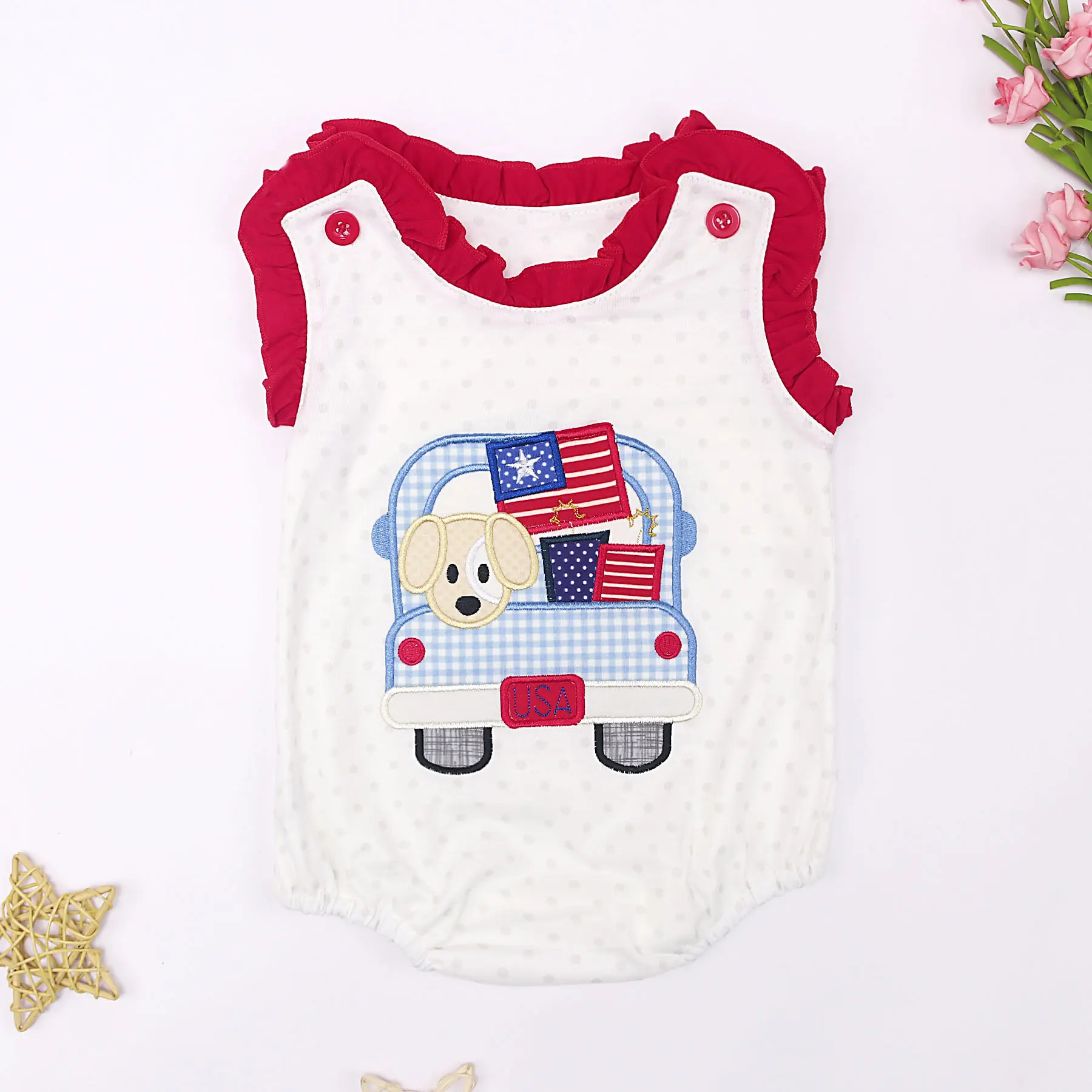 

Baby Girl Clothe Summer Cute Bubble Cotton Sleeveless Lace Design Boutique Sweet Ropmer With Flag Puppy Embroidery For 0-3m