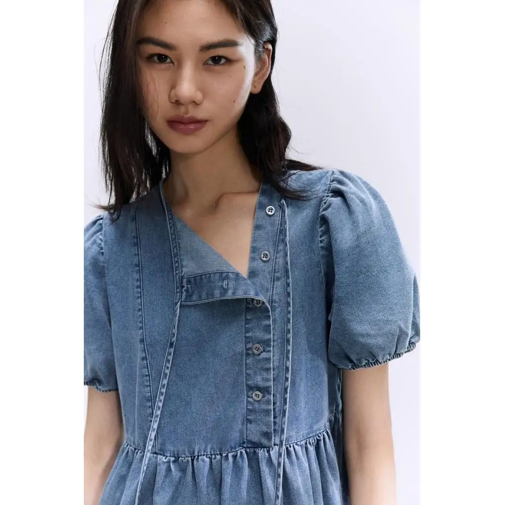 Платье H M с пышными рукавами из джинсовой ткани синего цвета