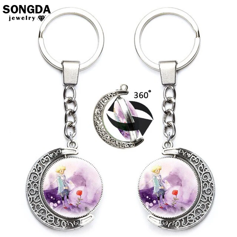 

The Little Prince Fox Rose Keychain Cartoon Figure 360 Degrees Rotated Moon Metal Pendant Keyring Creative Boy Girl Kids Jewelry