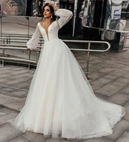 bling sparkly wedding dress 2022 full sleeves deep v neck a line long sweep train corset back bridal gown women bride dress