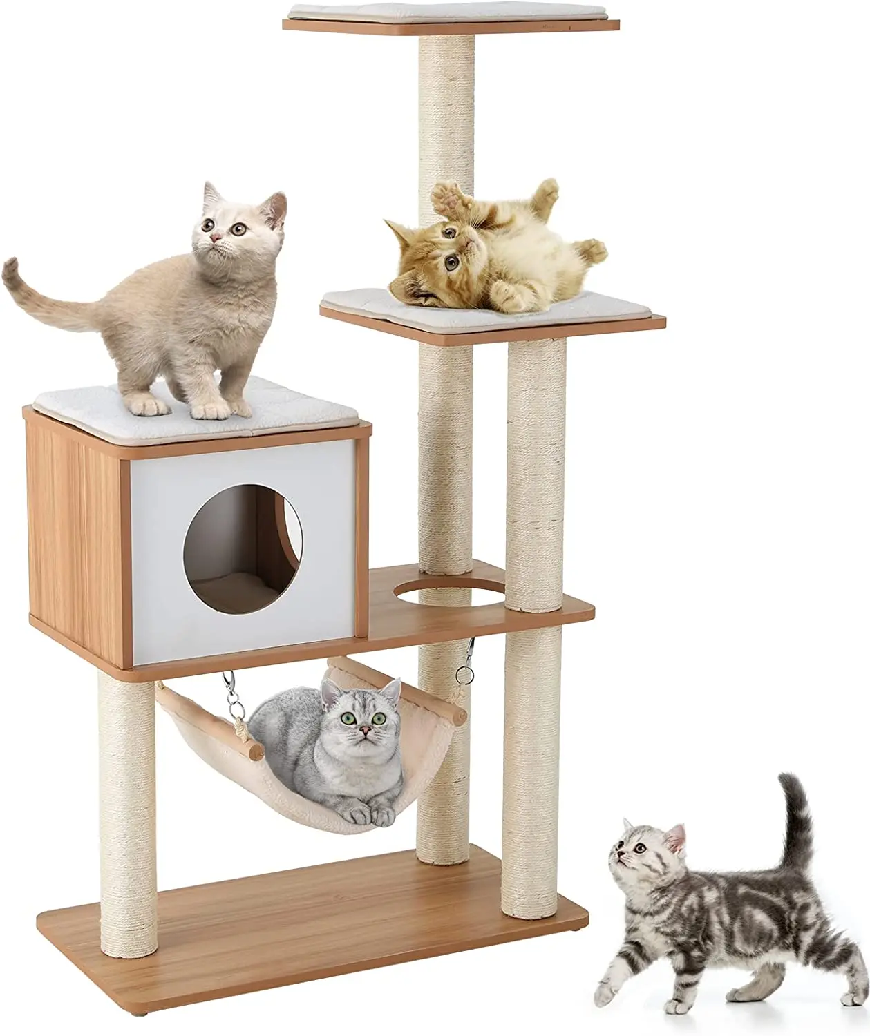Homfa 52" Modern Cat Tree Towers for Indoor Cats, Wooden Large Cat Condo Furniture with Hammock, Cat Climbing Stand w/Full-Sisal
