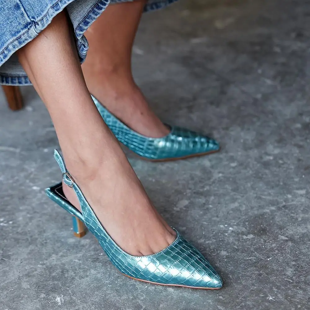 

Forest Genuine Leather Slim Heel Crocodile Metallic Turquoise Smoked Gold Shoes Poshnmore Open Back Sandals Square Sole