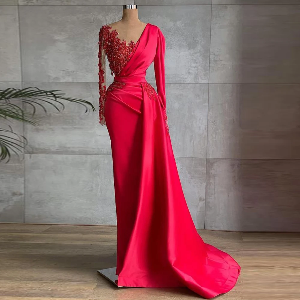 

Mermaid Court Train Burgundy Evening Dresses Full Sleeve 2022 New Arrived Court Train Bridal Gowns Summer Robe De Mariée Beading