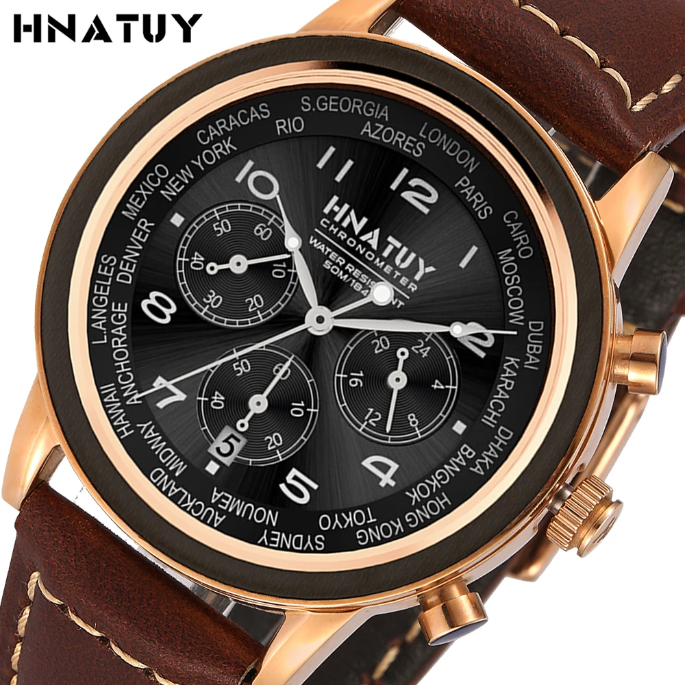 

Hnatuy Men's Watch Chronograph Leather Mens Wooden Watches Luxury Quartz Movement Male Clock 5 bar Waterproof Relogio Masculino