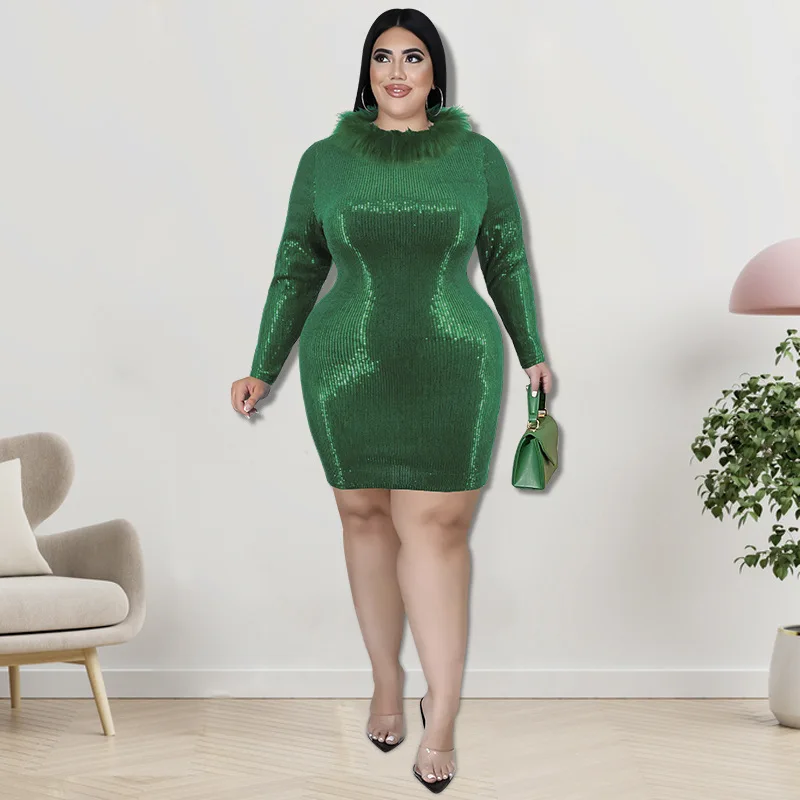 

Plus Size Sequin Bodycon Dress 2022 Fall Elegant Womens Feather Velvet Party Dresses Long Sleeve Black Sexy Short Festival Dress