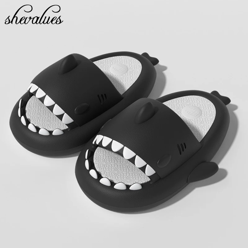 Shevalues Thick Bottom Shark Slippers Women Men Fashion Color Blocking Shark Slides Summer Outdoor Beach Shark Flip Flops Women